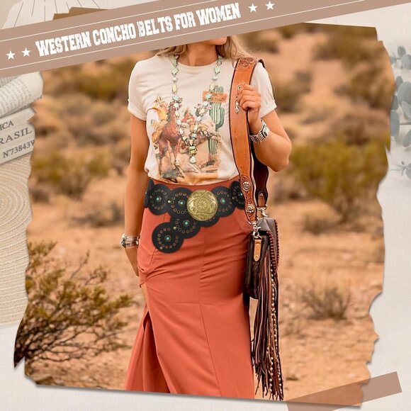 ⚡Women Western Leather Concho Belt Vintage Cowgirl Cowboy Disc Boho Waist Belt - Picture 2 of 8